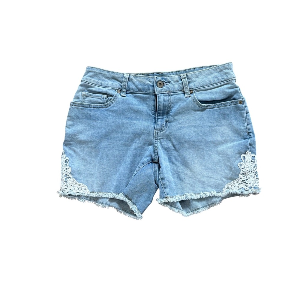 Faded Glory Light Wash Denim Shorts‎ Lace Trim Frayed Hem Womens 4